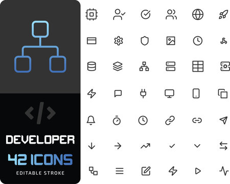Developer Line Icons Set. Editable Stroke Technology Symbols for Coding, Blockchain, Web Development, UI/UX, DApps, Cloud, and Software Projects. Vector Icons for App Design and Digital Interfaces