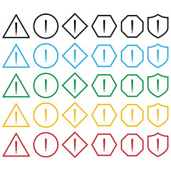 Set of warning and alert icons with exclamation marks in various shapes and colours. triangle, circle, shield with black, red, green, yellow and blue styles for hazard, caution and error messages.