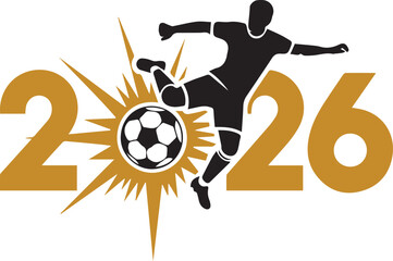 Soccer player silhouette kicking a soccer ball with a burst of energy, accompanied by the year 2026 logo transparent png vector