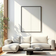 Modern Minimalist Living Room Interior Blank Canvas Frame Sectional Sofa Sunlight
