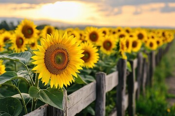 A lush sunflower field stretching to the horizon, golden blooms facing the sun, a rustic wooden fence in the foreground