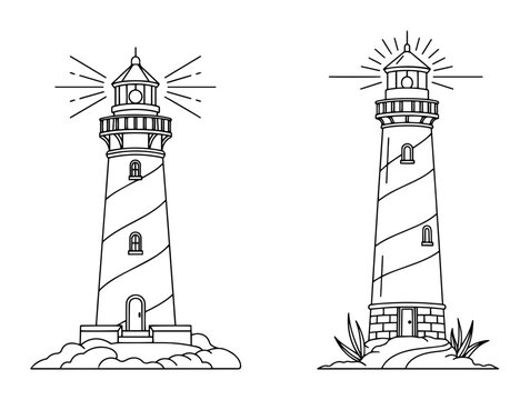 two lighthouses line art black and white