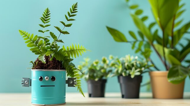 Adorable blue robot holding a small potted plant, made from recycled materials with a friendly smile