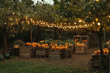A pumpkin patch at dusk, warm fairy lights strung between trees, rustic wooden crates filled with freshly picked pumpkins