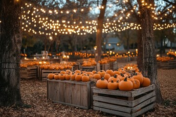 A pumpkin patch at dusk, warm fairy lights strung between trees, rustic wooden crates filled with freshly picked pumpkins