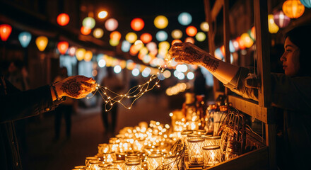 Festive market scene showcasing henna tattooed hands holding fairy lights amid colorful lanterns and glowing lamps.