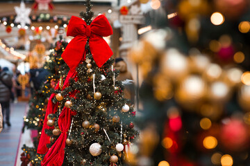 Beautiful Christmas background. Holiday toys on the Christmas tree. Concept of preparing...