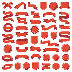 Collection of Red Ribbons Banners Labels and Badges Design Elements for Branding and Decoration Various Shapes and Styles Flat Vector Illustration