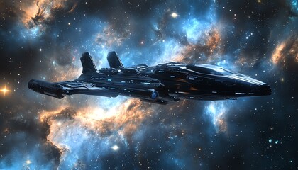 Futuristic spaceship in deep space scenery.