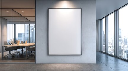 A large blank poster hangs on a light grey wall in a modern office space, partially visible through glass walls is a conference room with a city view beyond expansive windows