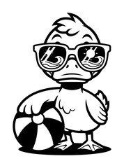 cute duck with sunglasses and beach ball