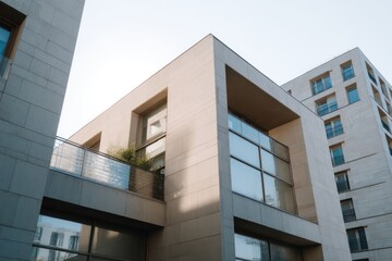 Minimalist duplex in high-density zone hard side light creating long wall shadows cold neutral palette with sharp rooftop