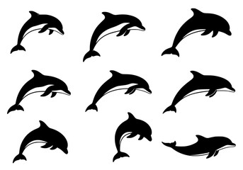 Naklejka premium Vector silhouette of a collection of nine black dolphin silhouettes jumping and swimming, isolated on a white background