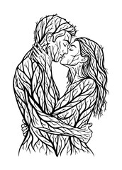 embracing couple tree branch double exposure line art illustration