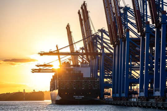 Container vessel unloading at the Burchardkai container terminal in Hamburg Waltershof at sunset