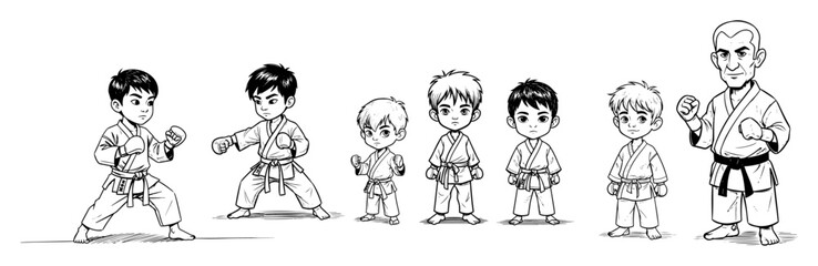 karate kids training poses character set line art illustration