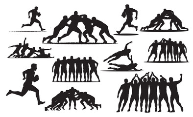 Collection of rugby player silhouettes in action demonstrating teamwork and competition