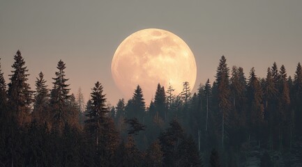 A large, pale full moon hangs low over a silhouetted line of dark evergreen trees at dusk or dawn, creating a serene, mystical scene
