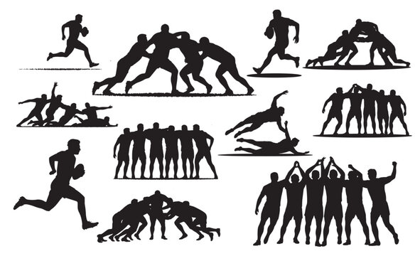 Collection of rugby player silhouettes in action demonstrating teamwork and competition