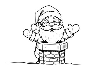 santa claus waving from chimney line art illustration