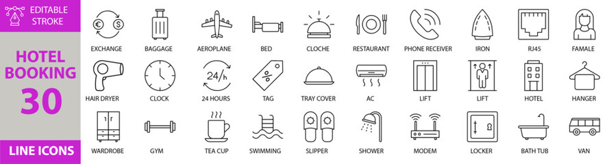 Hotel Booking icon set. Containing Vector pictograms of hotel,booking,travel,accommodation,reservation,room,vacation,checkin,checkout,calendar,suitcase,bed,service,tourism and more Victor Illustration