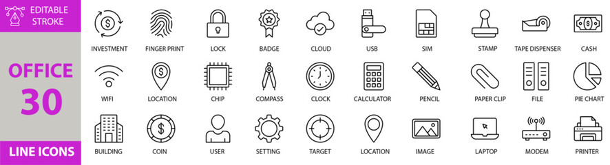 Office icon set. Containing Vector pictograms of office,work,business,document,computer,laptop,desk,calendar,notebook,pen,folder,file,printer,meeting and more. Editable Stroke. Victor Illustration.