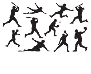 Collection of black silhouettes of baseball players in action on white background