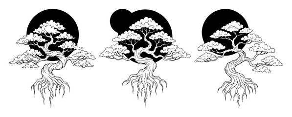 bonsai tree silhouette with moon line art illustration