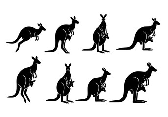 Vector silhouette of collection of black kangaroo silhouettes in various poses isolated on white background