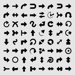Fototapeta premium Collection of seventy black arrow icons various directions shapes and styles simple bold graphic design elements for website app user interface design navigation symbols