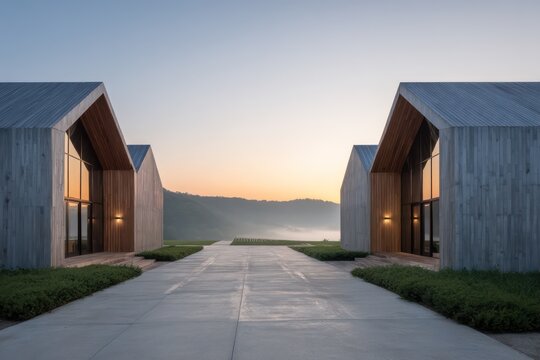 Twin barn houses with clean gabled silhouettes ambient sunrise lighting misty haze in the background steel roofing matte