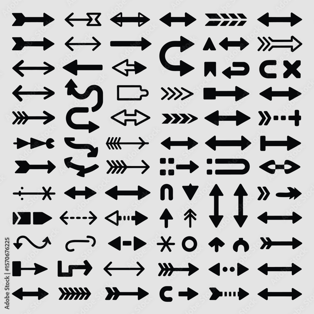 Poster collection of seventy black arrow icons various styles and directions on light gray background vecto