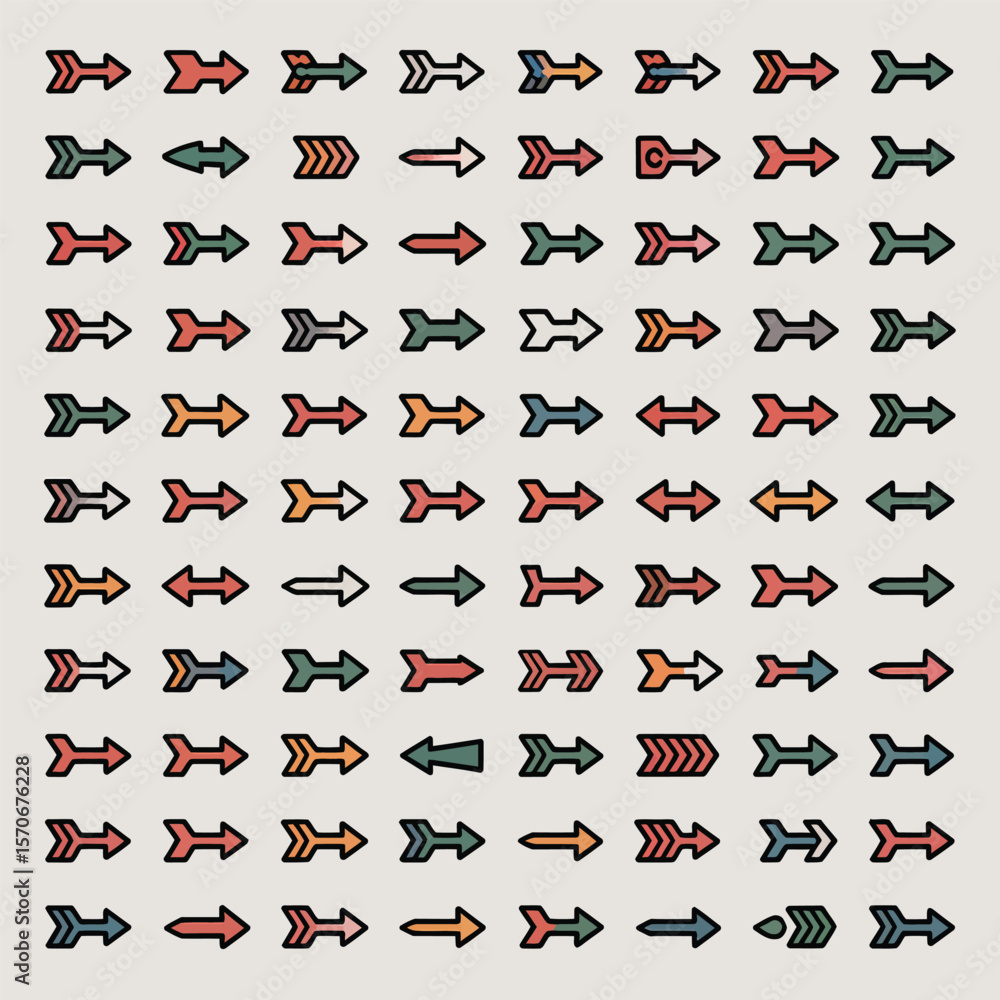Poster collection of seventy diverse arrows in muted coral peach teal and gray hues arranged in a grid patt