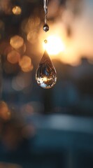 A large teardrop hangs, reflecting a sunset; smaller droplets trail below, bokeh blurs the background