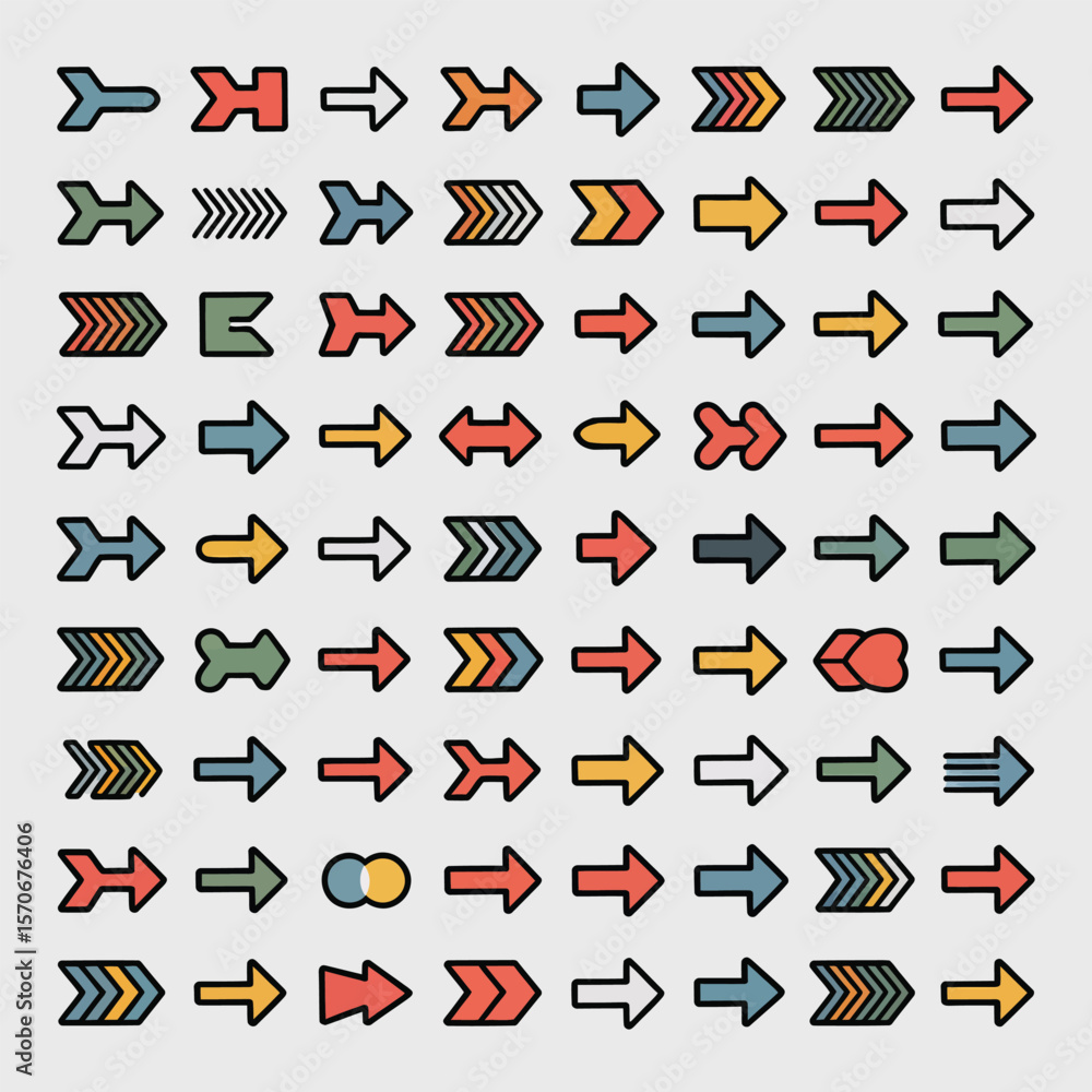 Poster collection of seventy diverse colorful arrows retro style vector icons various shapes and directions