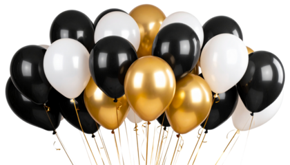 Elegant black gold and white balloons bunch festive party decor isolated on transparent background .