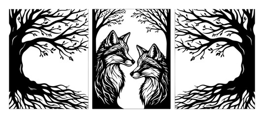 romantic fox couple and trees triptych vector art