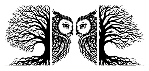 owl couple tree of life triptych vector wall decor