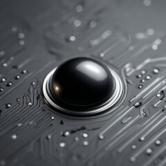 Extreme close-up of a glossy black droplet on a matte graphite surface. The droplet is smooth and reflective, bordered by a fine silver edge due to light refraction.