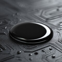 Extreme close-up of a glossy black droplet on a matte graphite surface. The droplet is smooth and reflective, bordered by a fine silver edge due to light refraction.