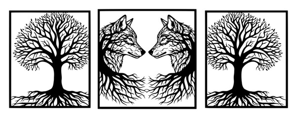 kissing wolf couple tree of life triptych vector © Mago
