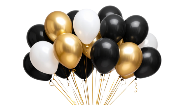 A Elegant black gold and white balloons bunch festive party decor isolated on transparent background  - Powered by Adobe