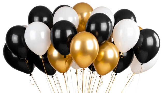 Elegant black gold and white balloons bunch festive party decor isolated on transparent background . - Powered by Adobe