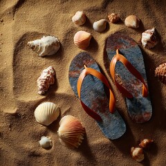 Flip flops and seashells on warm golden sand 
