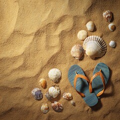 Flip flops and seashells on warm golden sand 