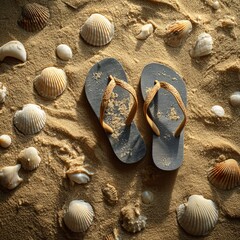 Flip flops and seashells on warm golden sand 