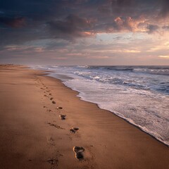Footprints in the sand leading toward the sea