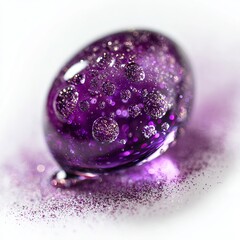 Macro image of a mesmerizing violet droplet infused with shades of neon purple, ultraviolet, and deep orchid. The droplet seems to pulse with dreamy, otherworldly energy. 