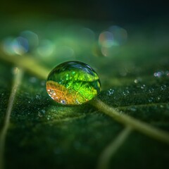 Macro shot of a radiant green water droplet resting on the veiny surface of a tropical leaf. The droplet reflects vibrant shades of neon green and emerald, magnifying the texture beneath. 