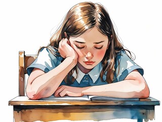  A watercolor illustration of a young girl resting her head on her hand at a wooden desk, looking tired or overwhelmed while reading an open book, depicting academic struggle or fatigue.
